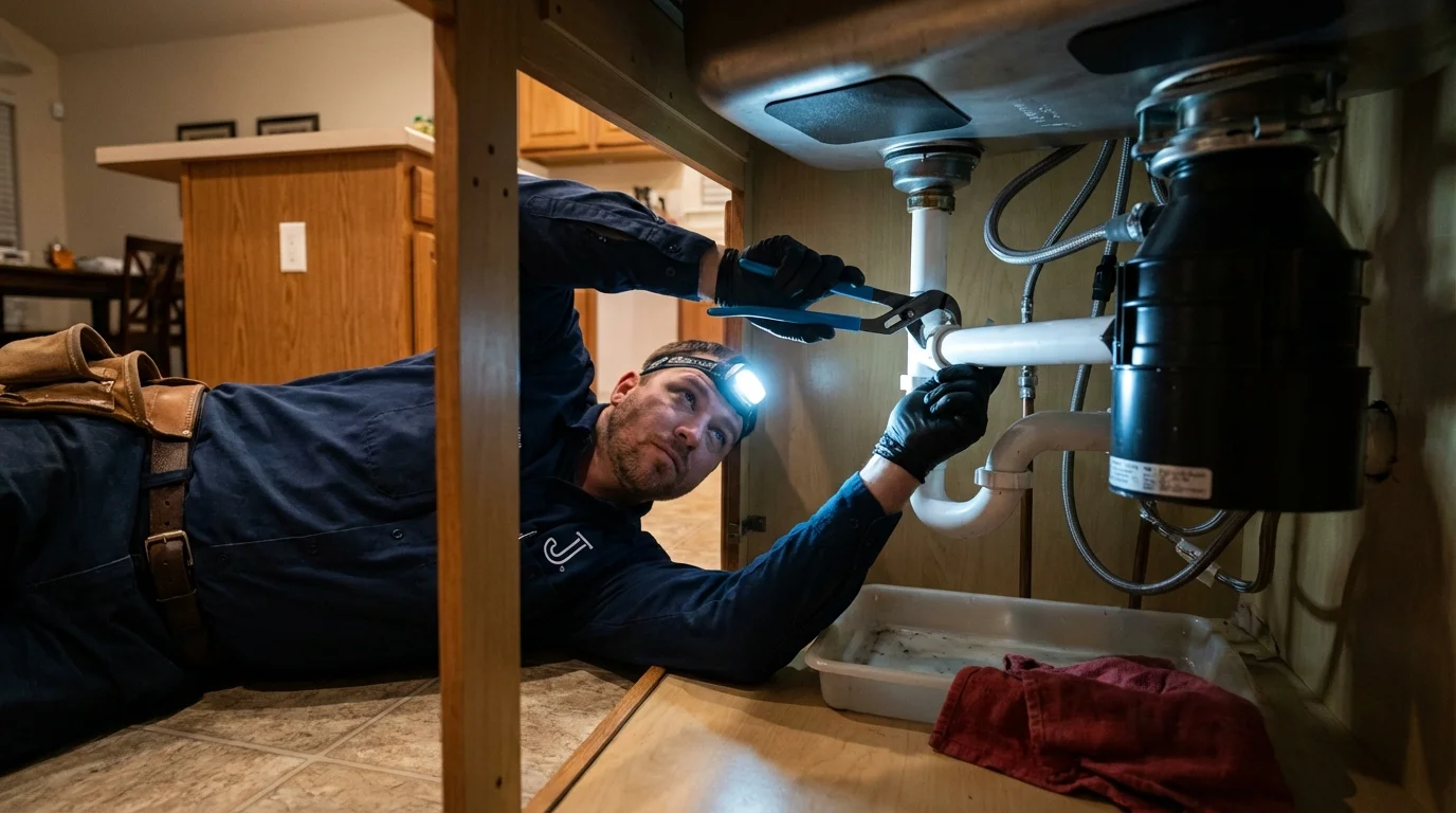 P-trap and supply line connections under a kitchen sink showing a common leak point in Clintwood, VA